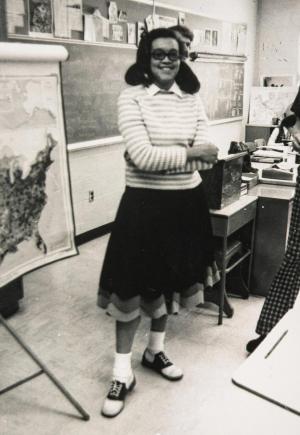 Eddie Faye Gates dressed in 1950s Tuskegee Institute Uniform, Edison High School, Tulsa, OK, 1974